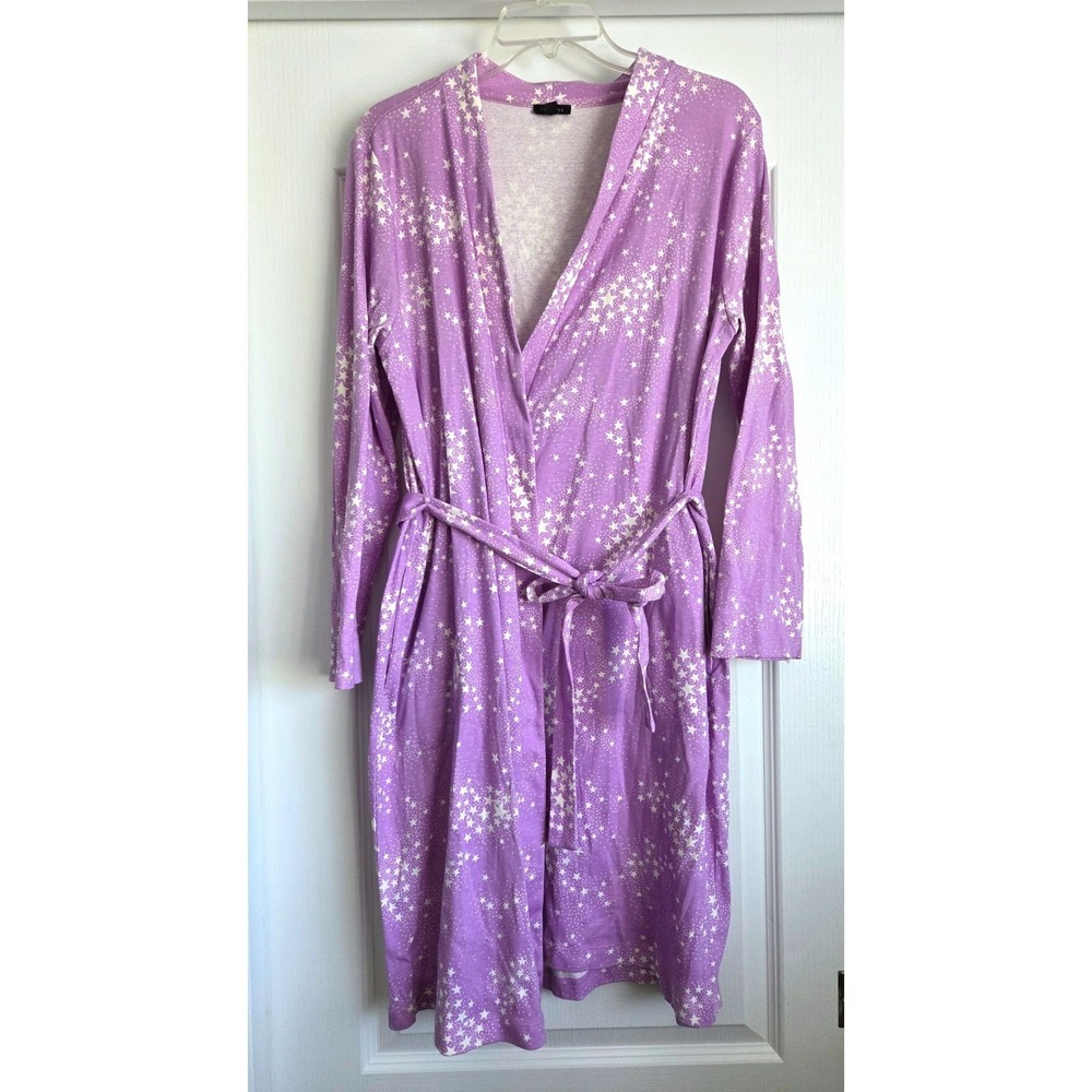 Talbots Purple Star Print Jersey Knit Wrap Robe Long Sleeve Pockets Womens M